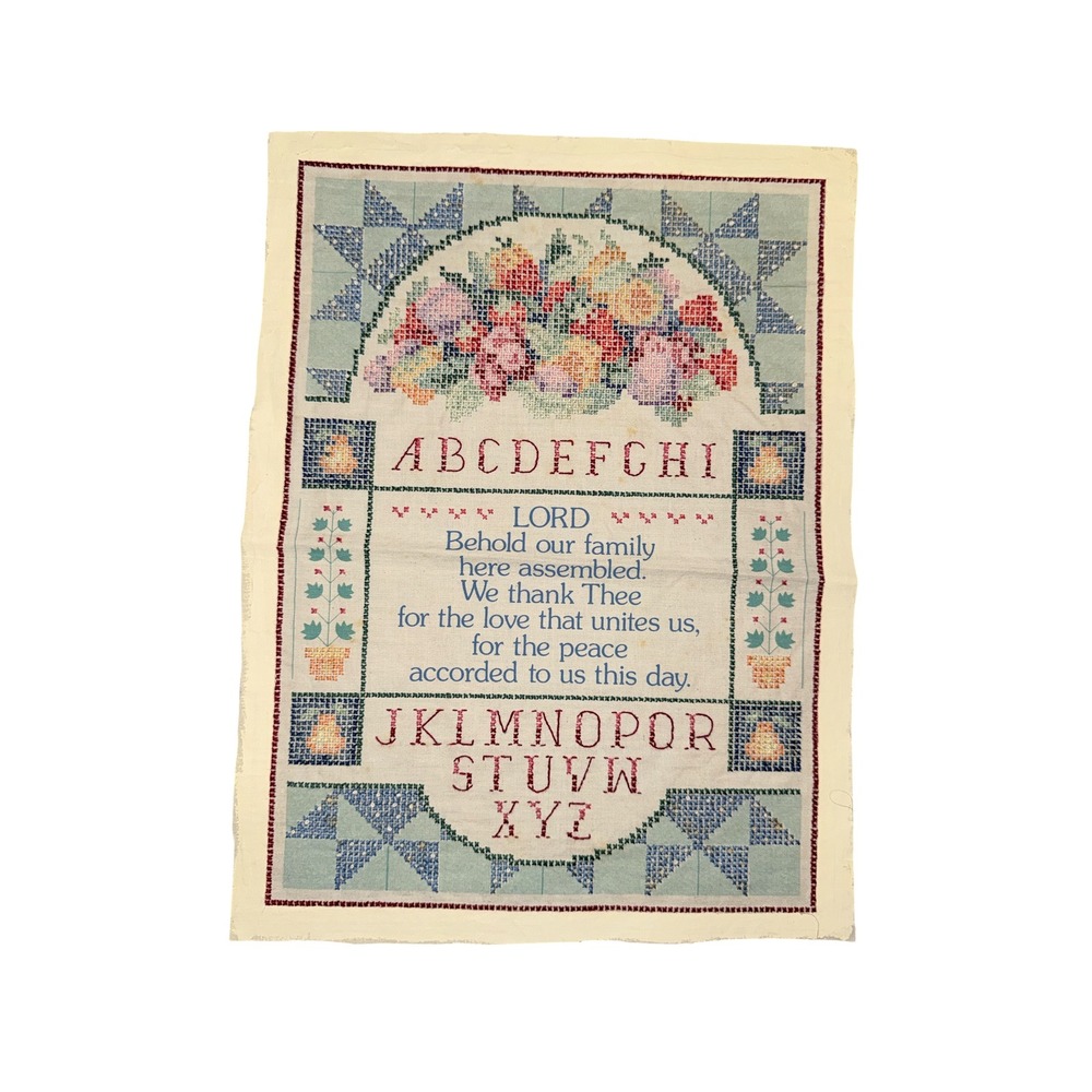 1991 finished Dimensions Cross Stitch Sampler Family Prayer Karen Avery
